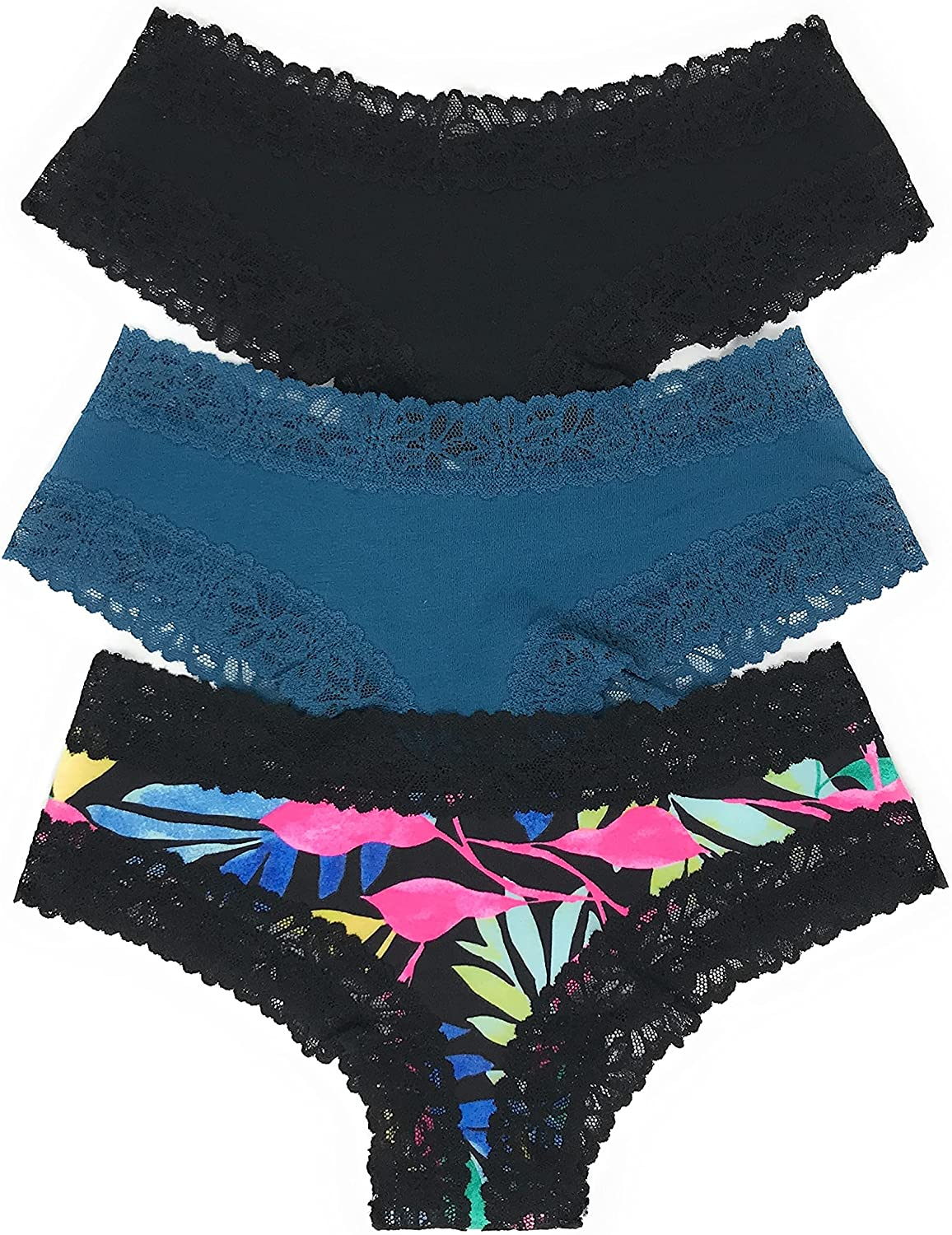 Victoria'S Secret Pink Cheekster Panty Set of 3 Apparel & Accessories > Clothing > Underwear & Socks > Underwear Victoria's Secret Lace Trim Black / Teal / Tropical Palm X-Large