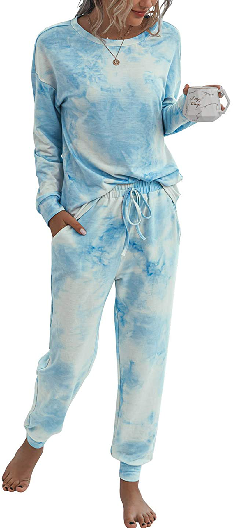 PRETTYGARDEN Women’s Tie Dye Two Piece Pajamas Set Long Sleeve Sweatshirt with Long Pants Sleepwear Apparel & Accessories > Clothing > Sleepwear & Loungewear > Pajamas PRETTYGARDEN Blue X-Large