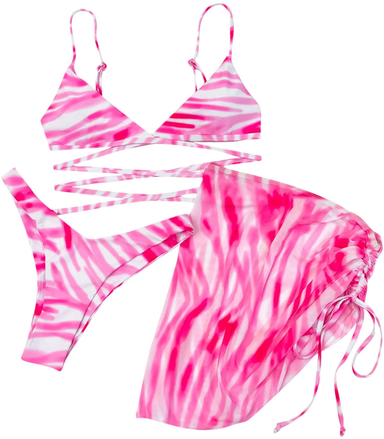 SOLY HUX Women'S Tie Dye Wrap Bikini Bathing Suits with Mesh Beach Skirt 3 Piece Swimsuits Apparel & Accessories > Clothing > Underwear & Socks > Lingerie KYLIE MAX Pink a Small