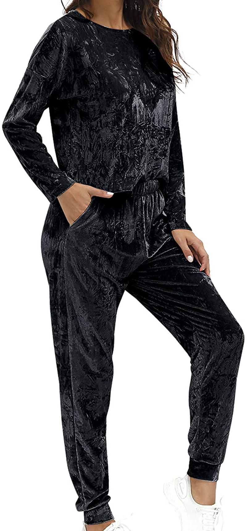 Velvet Lounge Set For Women - Wrinkle Solid Two Piece Loungewear Pajamas Tracksuit Sets Apparel & Accessories > Clothing > Sleepwear & Loungewear > Pajamas Lexiart Black X-Large