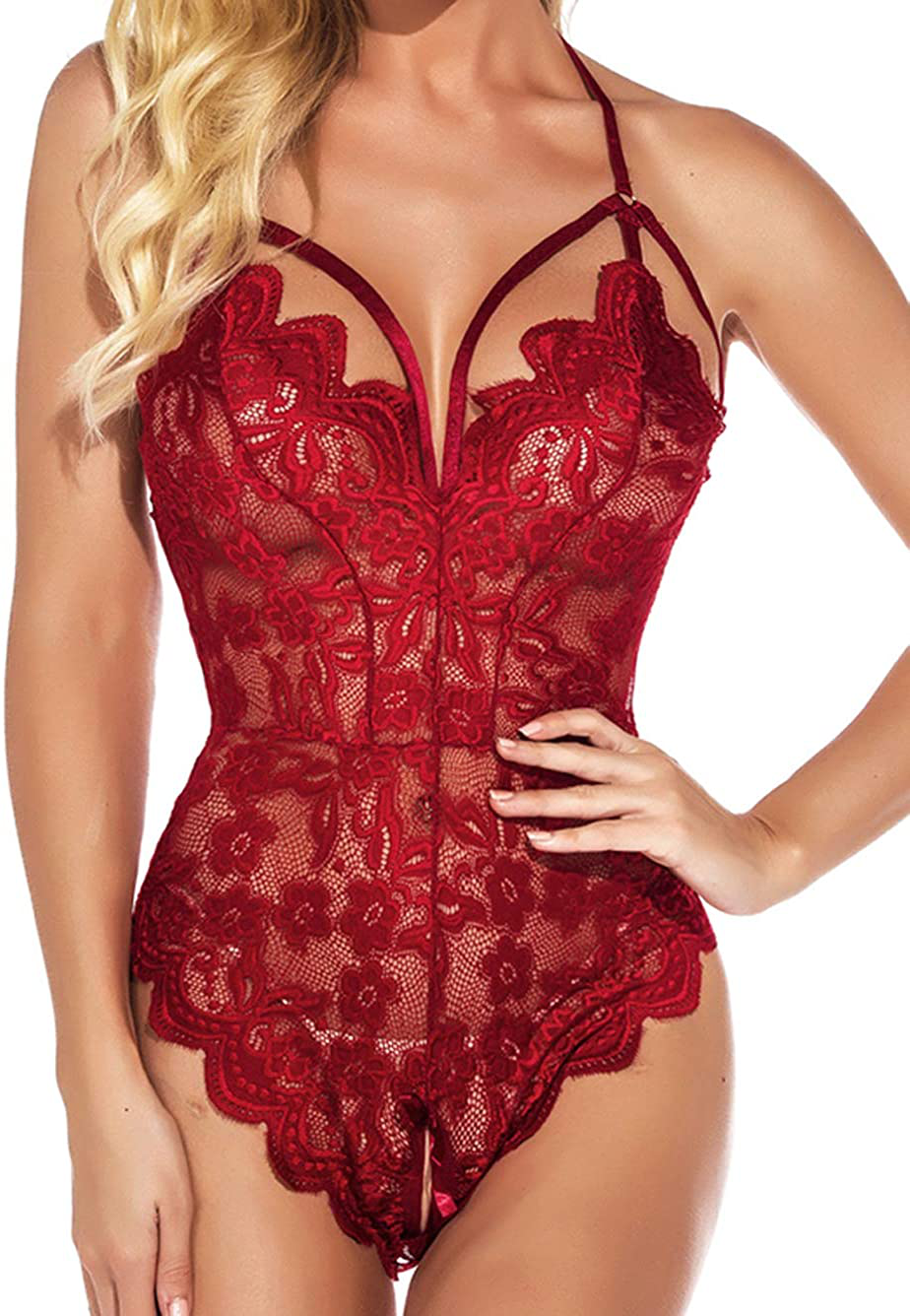 Kaei&Shi Sexy Lingerie for Women,Sheer Lace One Piece High Cut Bodysuit,V Neck Backless Floral Halter Teddy Valentine Apparel & Accessories > Clothing > Underwear & Socks > Lingerie Kaei&Shi Wine Red Large