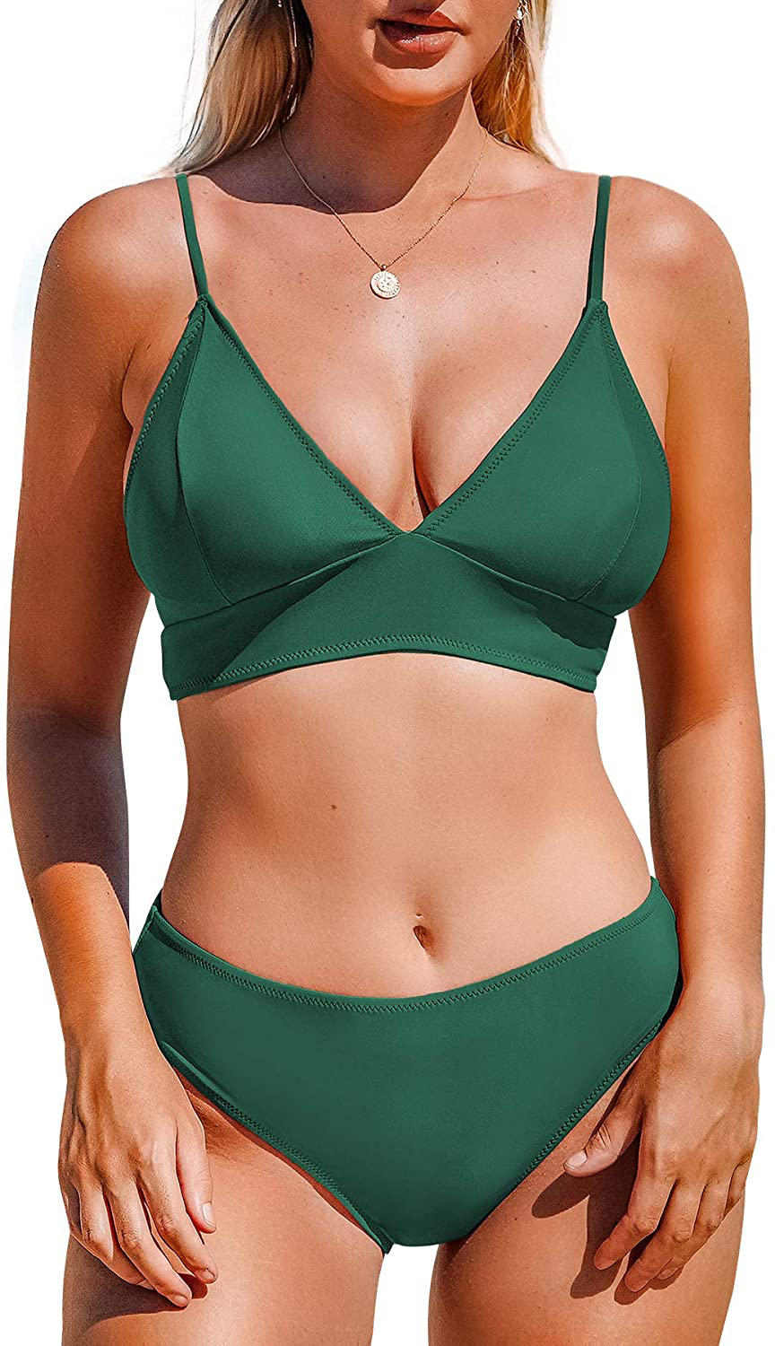 CUPSHE Women's Bikini Triangle Sexy Solid Two Piece Bathing Suit Apparel & Accessories > Clothing > Swimwear CUPSHE Pine Green XX-Large