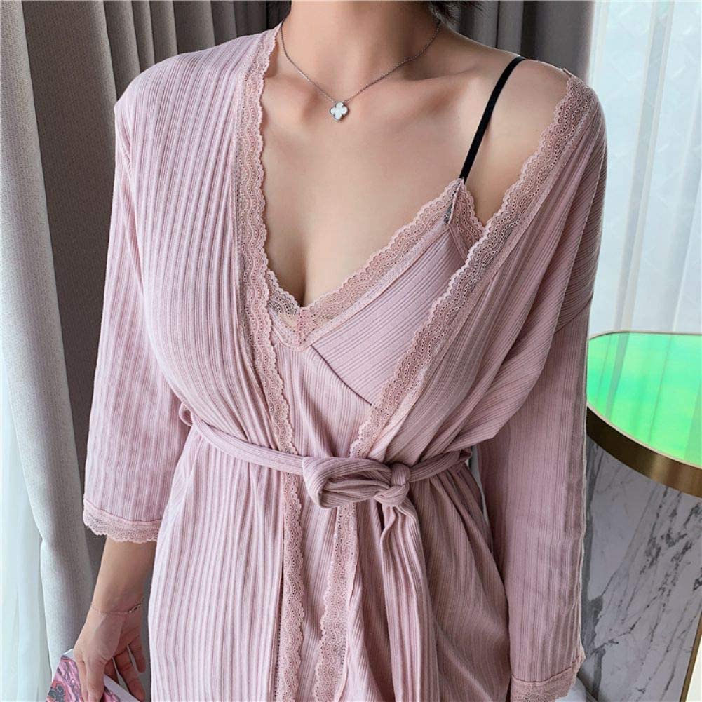 SAPJON Women Cotton Pajamas Sets Sexy Lace V-Neck 3 Pieces Sleepwear Robes Cami Pants Nightwear with Chest Pads Apparel & Accessories > Clothing > Sleepwear & Loungewear Kylie Max