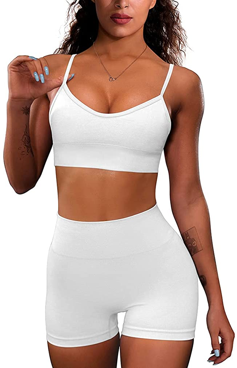 OQQ Yoga Outfit for Women Seamless 2 Piece Workout Gym High Waist Leggings with Sport Bra Set Apparel & Accessories > Clothing > Underwear & Socks > Lingerie HZSN A: White Large