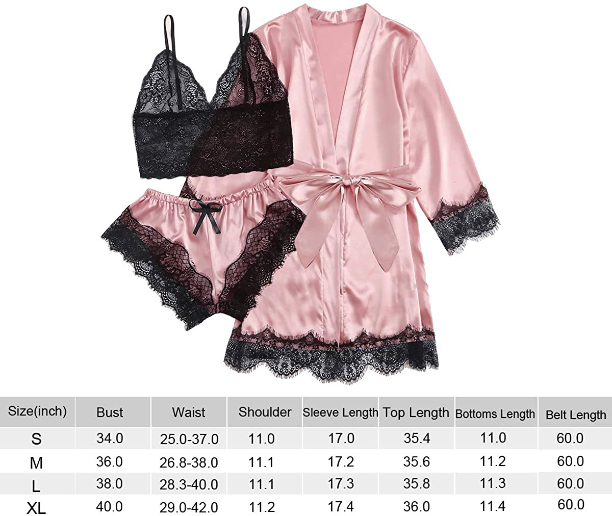 TAKOYI Women'S Sexy Lace 3 Piece Satin Robe and Pajama Set Cami Top Lingerie with Robe Camisole Shorts Apparel & Accessories > Clothing > Sleepwear & Loungewear Kylie Max