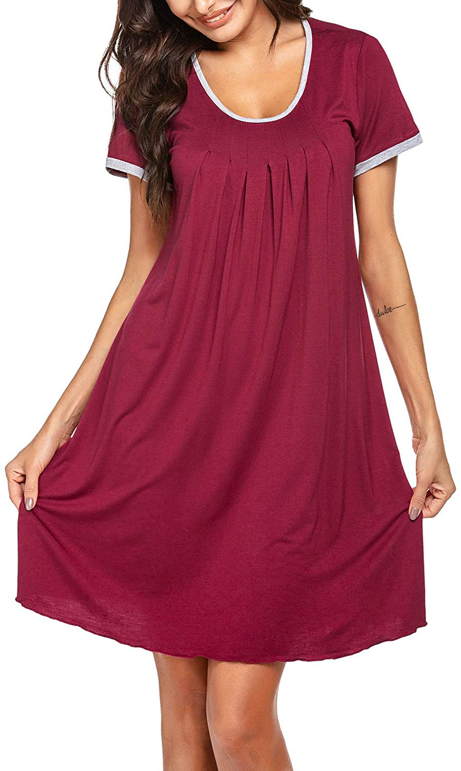 Ekouaer Women'S Nightgown Short Sleeve Sleepwear Comfy Sleep Shirt Pleated Scoopneck Nightshirt S-XXXL Apparel & Accessories > Clothing > Sleepwear & Loungewear > Nightgowns Kylie Max