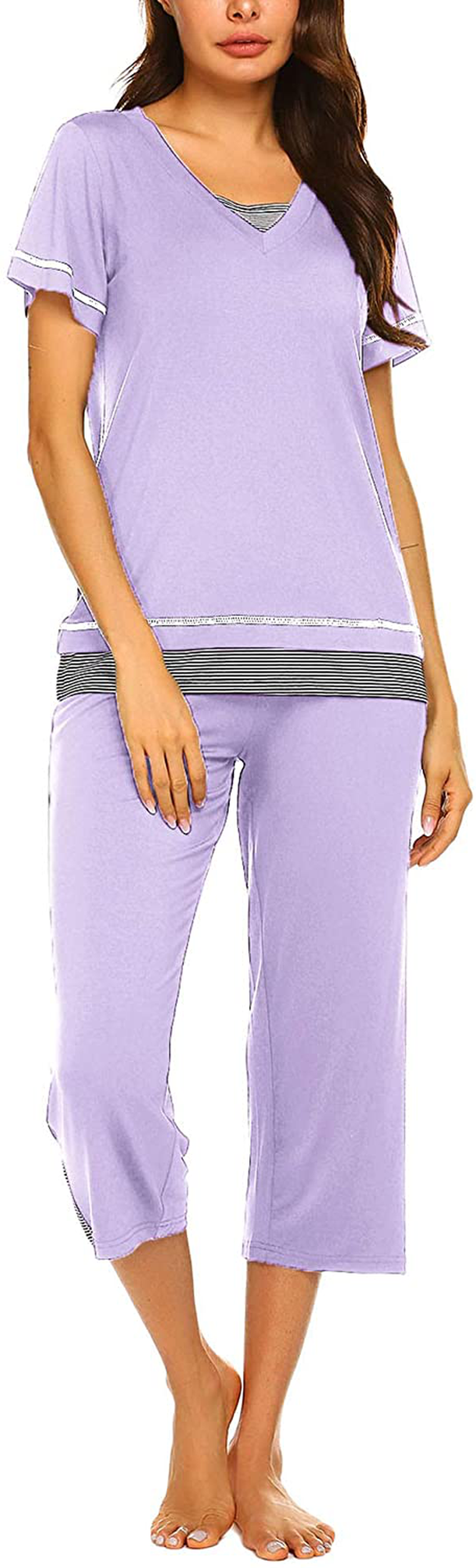 Ekouaer Women's Pajamas Set Soft V Neck Striped Sleepwear Top and Capri Pj Lounge Sets Apparel & Accessories > Clothing > Sleepwear & Loungewear > Pajamas Ekouaer Lilac X-Large