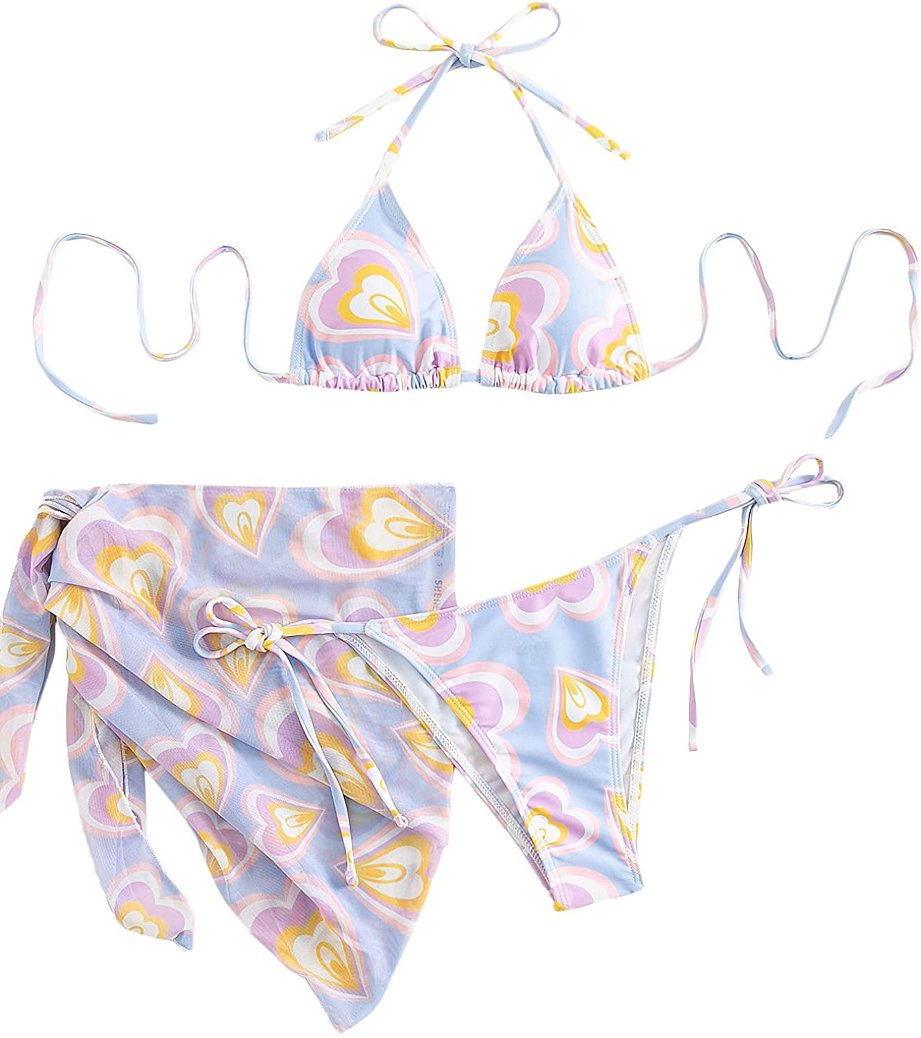 SOLY HUX Women'S Tie Dye Wrap Bikini Bathing Suits with Mesh Beach Skirt 3 Piece Swimsuits Apparel & Accessories > Clothing > Underwear & Socks > Lingerie KYLIE MAX Heart Lilac Purple Large