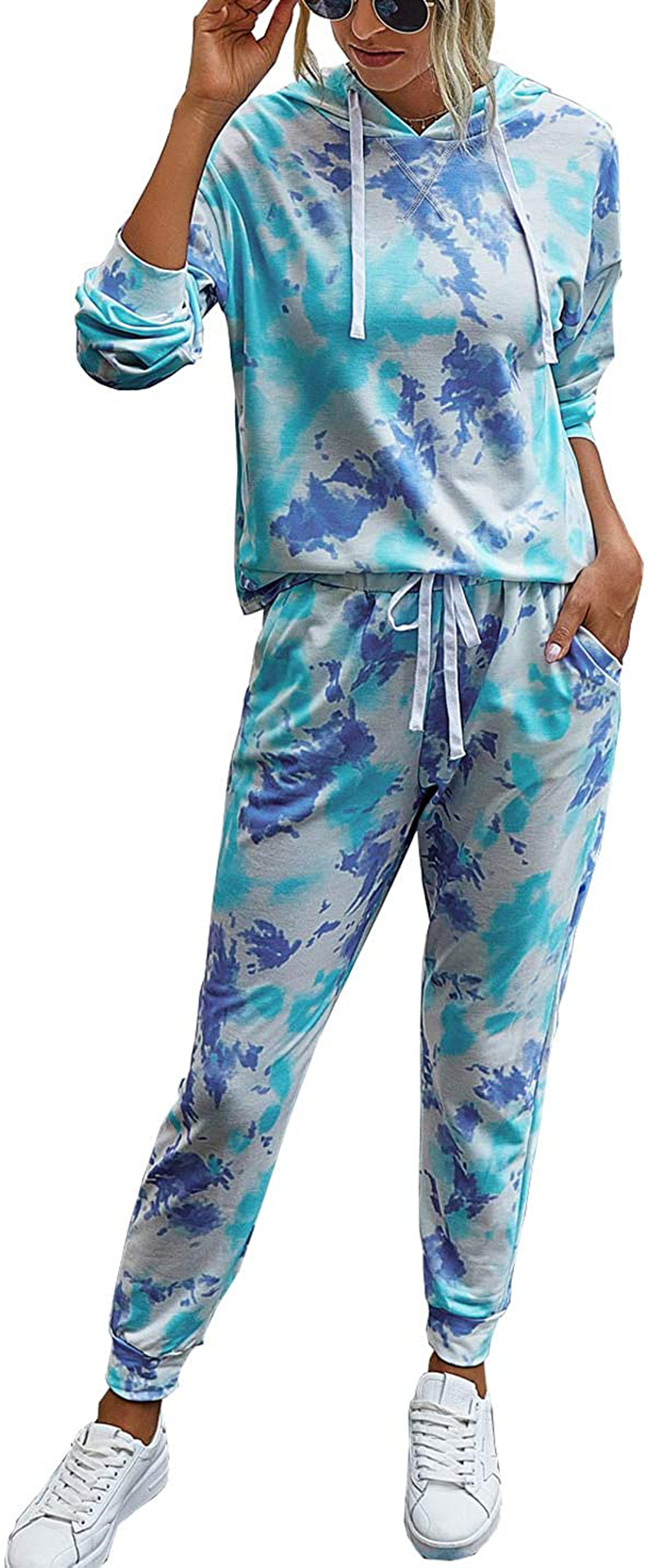 PRETTYGARDEN Women’s Tie Dye Two Piece Pajamas Set Long Sleeve Sweatshirt with Long Pants Sleepwear Apparel & Accessories > Clothing > Sleepwear & Loungewear > Pajamas PRETTYGARDEN Tie Dye-light Blue X-Large