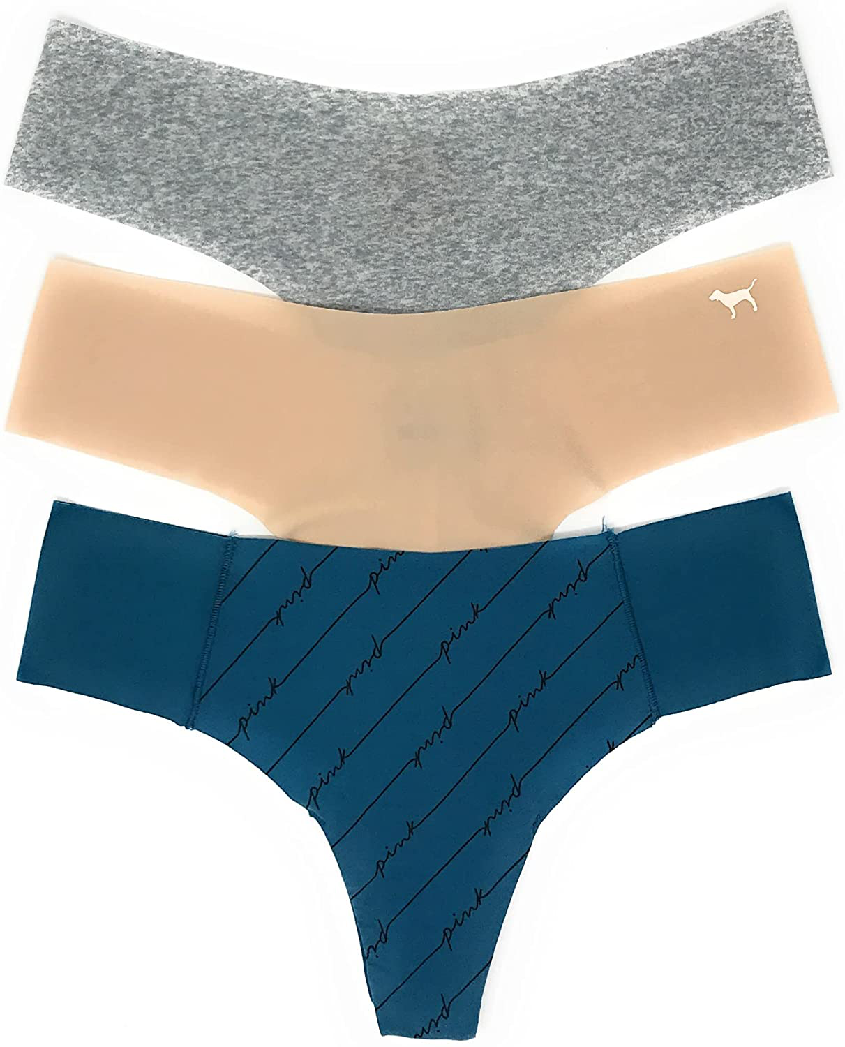 Victoria's Secret PINK Thong Panty Set of 3 Apparel & Accessories > Clothing > Underwear & Socks > Underwear Victoria's Secret No-show Gray Marl / Nude / Teal Linear Script Large