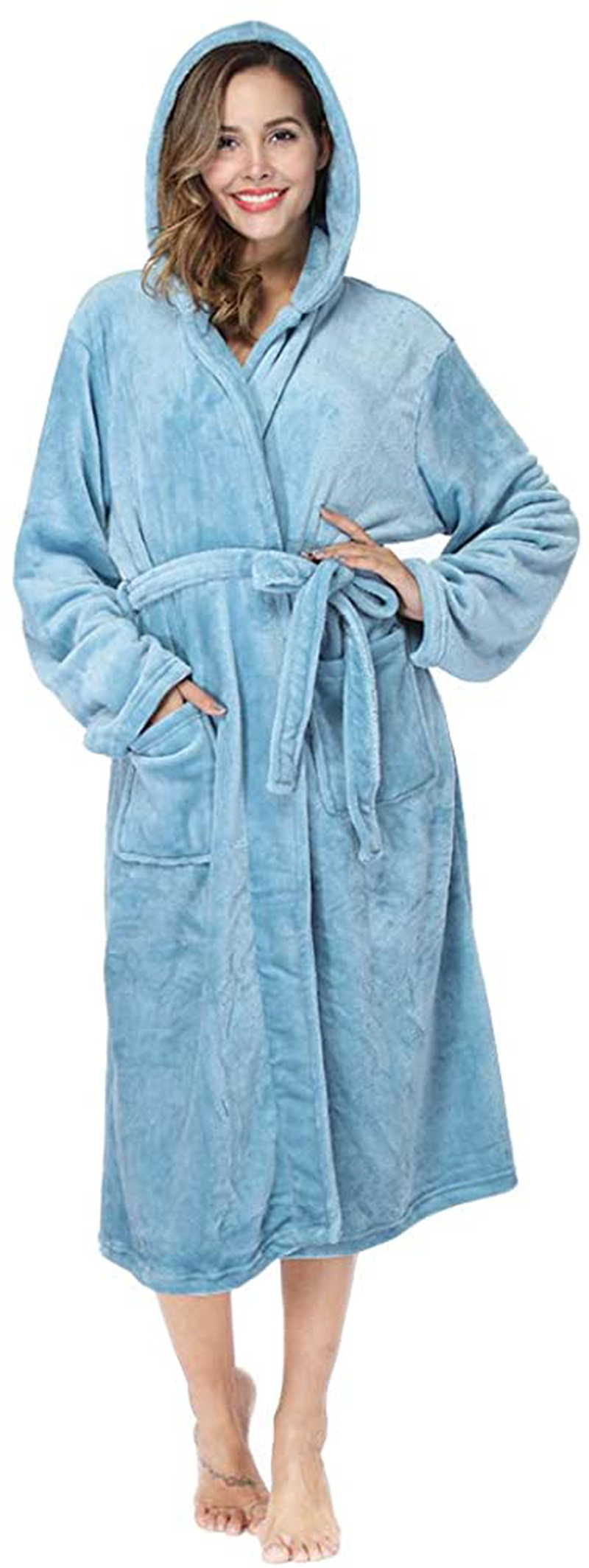RONGTAI Womens Long Robes Plush Fleece Nightgown Thick plus Size Hooded Bathrobe with Pockets Fluffy Sleepwear for Men Apparel & Accessories > Clothing > Sleepwear & Loungewear > Robes RONGTAI Ocean Blue X-Large