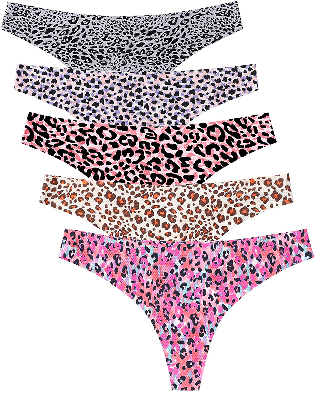 VOENXE Seamless Thongs for Women No Show Thong Underwear Women 5-10 Pack Apparel & Accessories > Clothing > Underwear & Socks > Underwear VOENXE G-5 Pack Leopard Print Large