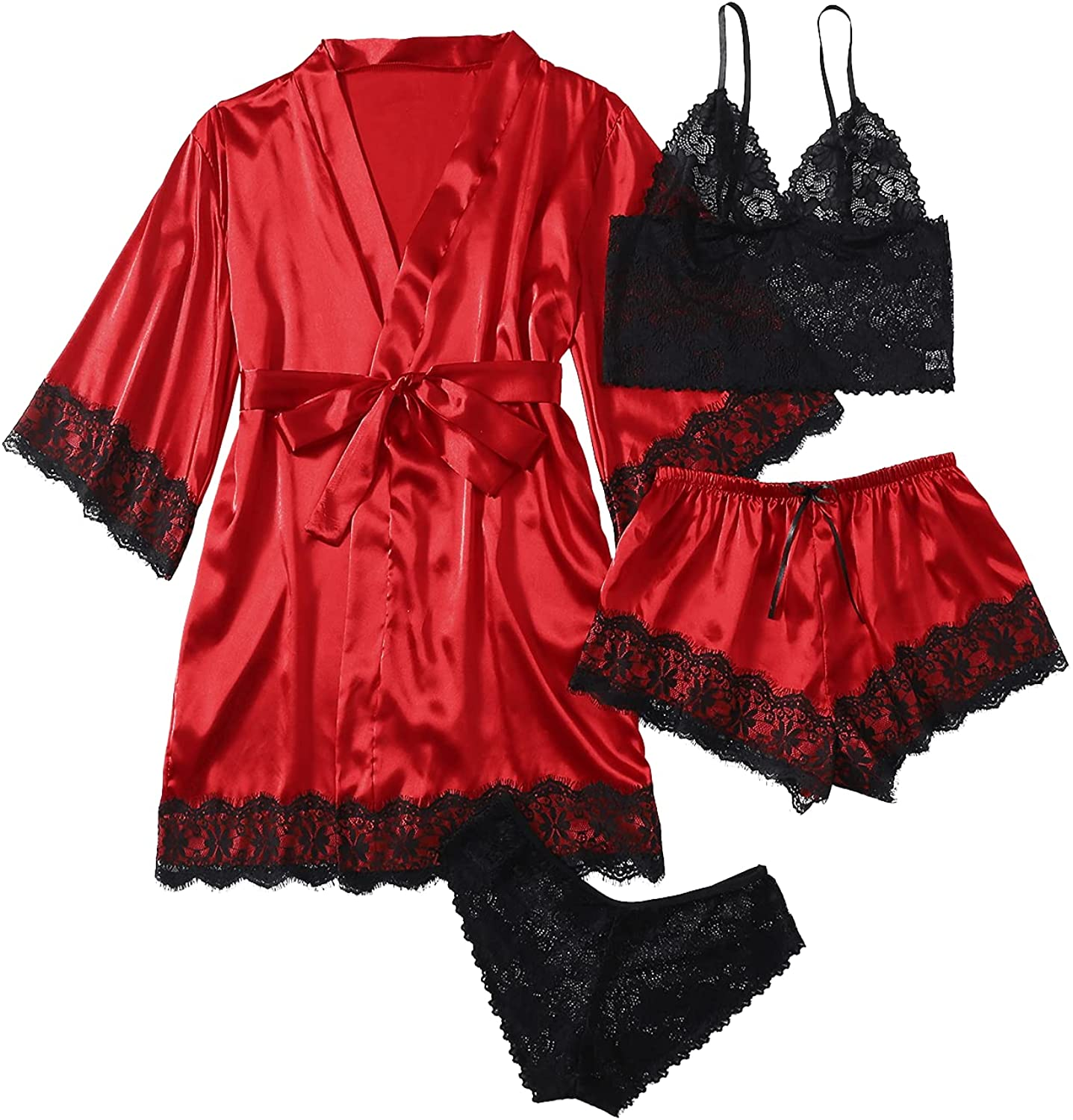 WDIRARA Women'S 4 Pieces Satin Floral Lace Cami Top Lingerie Pajama Set with Robe Apparel & Accessories > Clothing > Underwear & Socks > Lingerie WDIRARA Red Black Large