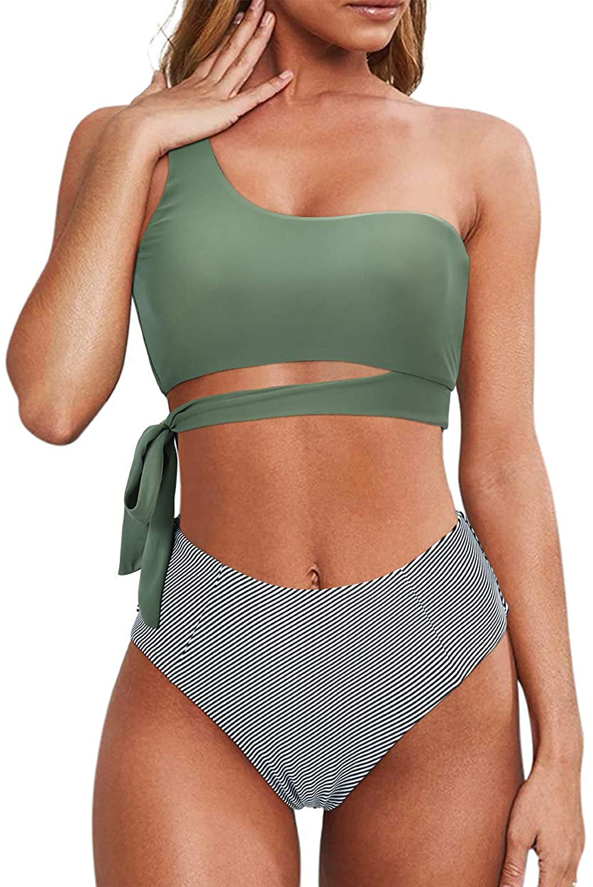 MOOSLOVER Women One Shoulder High Waisted Bikini Tie High Cut Two Piece Swimsuits Apparel & Accessories > Clothing > Swimwear MOOSLOVER Army Green-stripe Large
