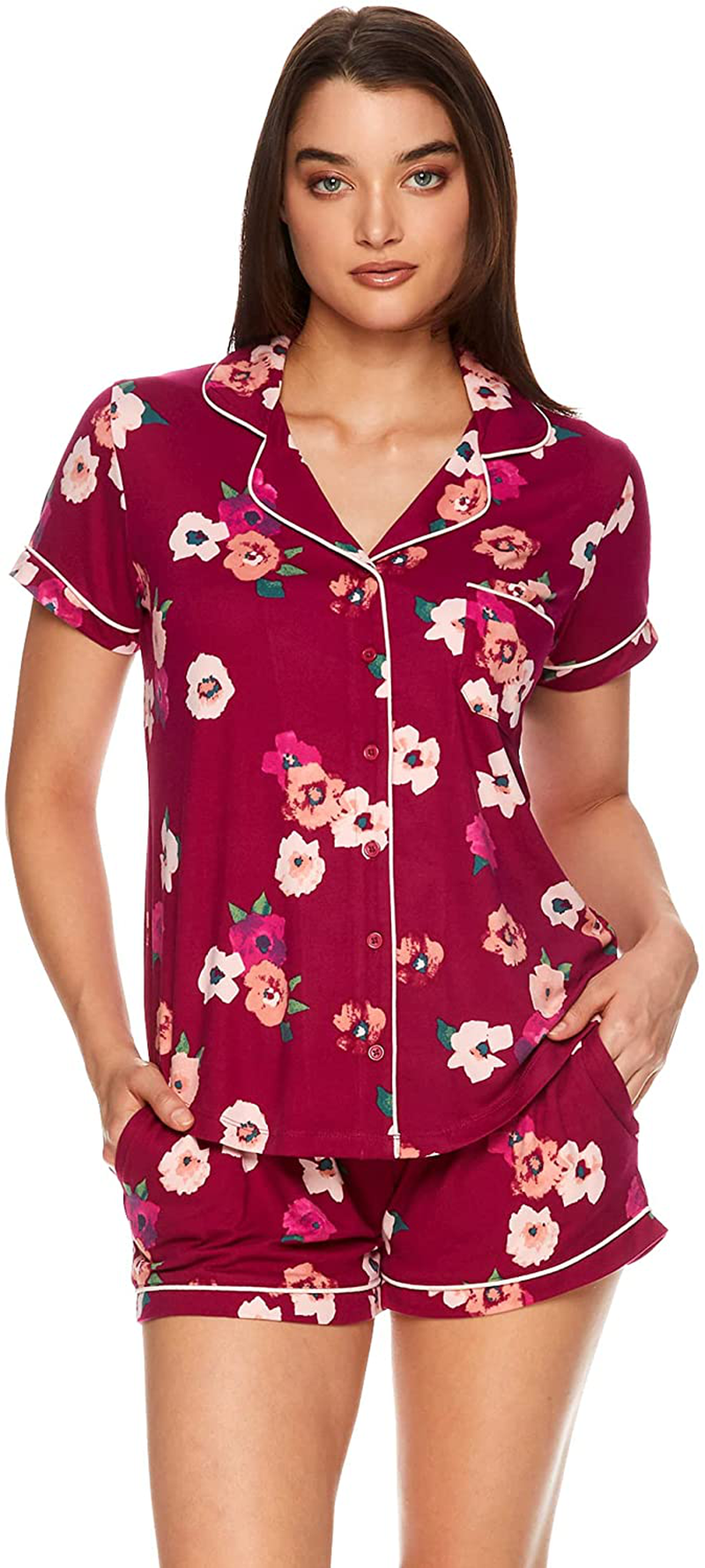 Nanette Lepore Womens Button Down Pajama Shirt and Elastic Waist Shorts Bridesmaid PJ Lounge Set Apparel & Accessories > Clothing > Sleepwear & Loungewear > Pajamas Nanette Lepore Black Raspberry Large
