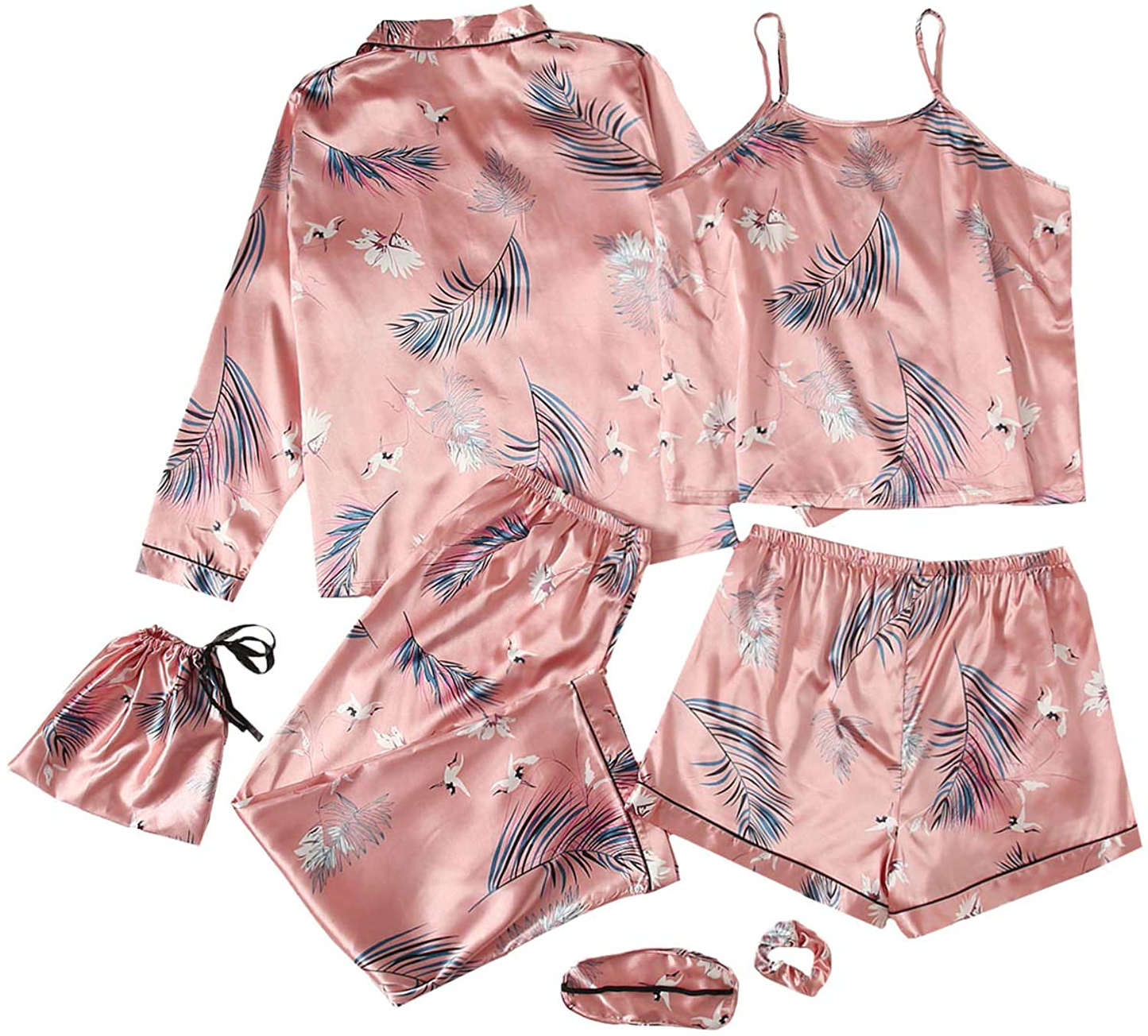 Shein Women'S 7Pcs Printed Cami and Shorts Satin Pajama Set with Shirt and Eye Mask Apparel & Accessories > Clothing > Sleepwear & Loungewear Kylie Max