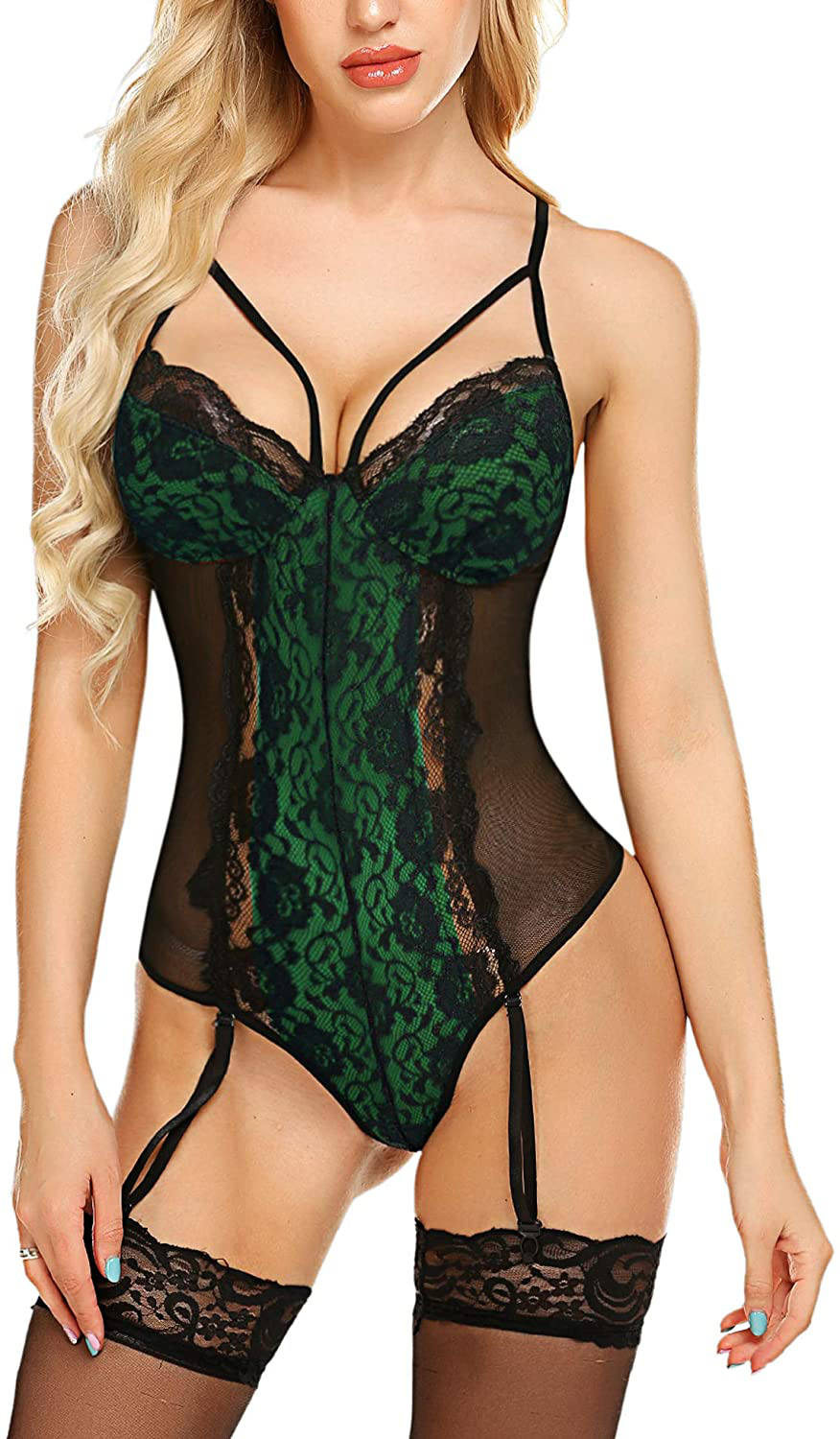 Avidlove Garter Lingerie For Women Sexy Lace Teddy Chemise One Piece Bodysuit Apparel & Accessories > Clothing > Underwear & Socks > Lingerie Avidlove Green Large
