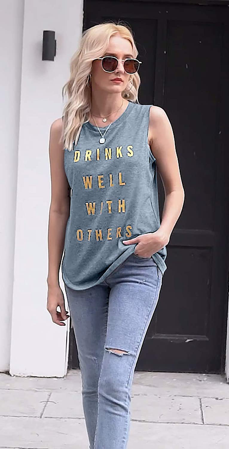Drinks Well with Others Muscle Tank Tops Womens Funny Drinking Alcohol Sleeveless Letter Printed Graphic Tee Shirt Tops Apparel & Accessories > Clothing > Activewear Kylie Max