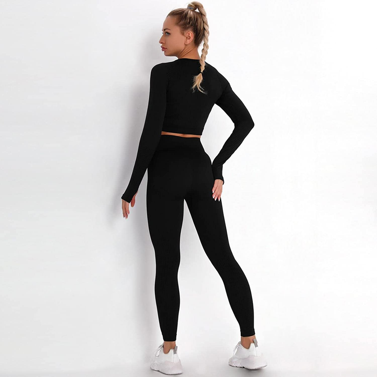 Burband Workout Lounge Sets for Women 2 Piece Outfits Solid Long Sleeve Crop Tops and Ribbed Seamless Leggings Gym Yoga Sets Apparel & Accessories > Clothing > Underwear & Socks > Shapewear Burband