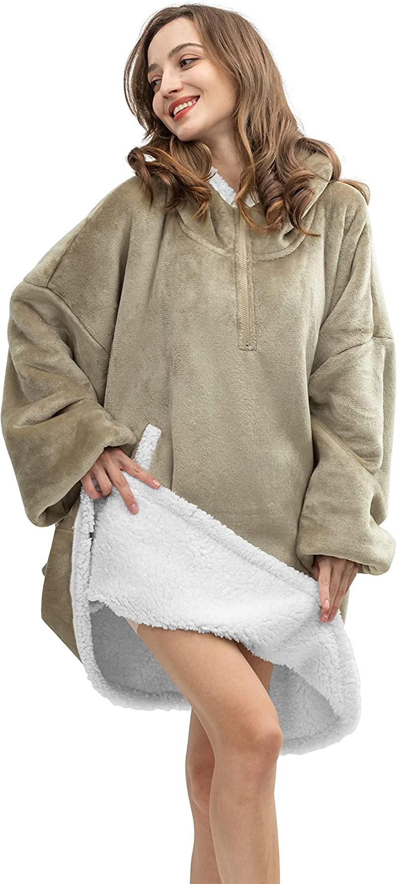 HBlife Oversized Long Wearable Blanket Hoodie for Adult, Thick Sherpa Sweatshirt with Elastic Sleeves and Giant Pockets Super Warm and Cozy Fuzzy Plush Fleece Blanket Jacket, Blue Arts & Entertainment > Party & Celebration > Gift Giving HBlife Latte Adult-Short