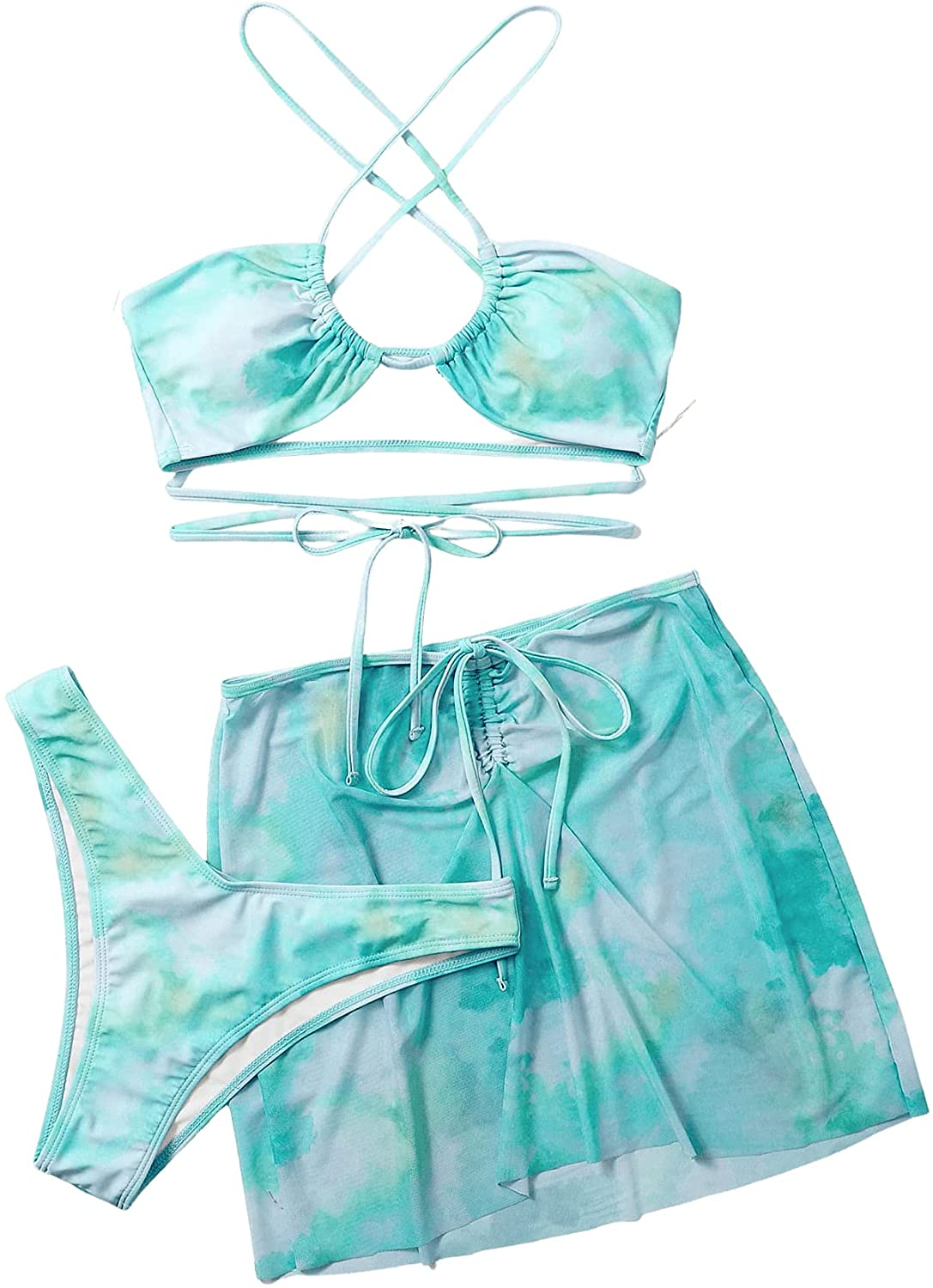 SOLY HUX Women'S Tie Dye Wrap Bikini Bathing Suits with Mesh Beach Skirt 3 Piece Swimsuits Apparel & Accessories > Clothing > Underwear & Socks > Lingerie KYLIE MAX Tie Dye Light Green Large