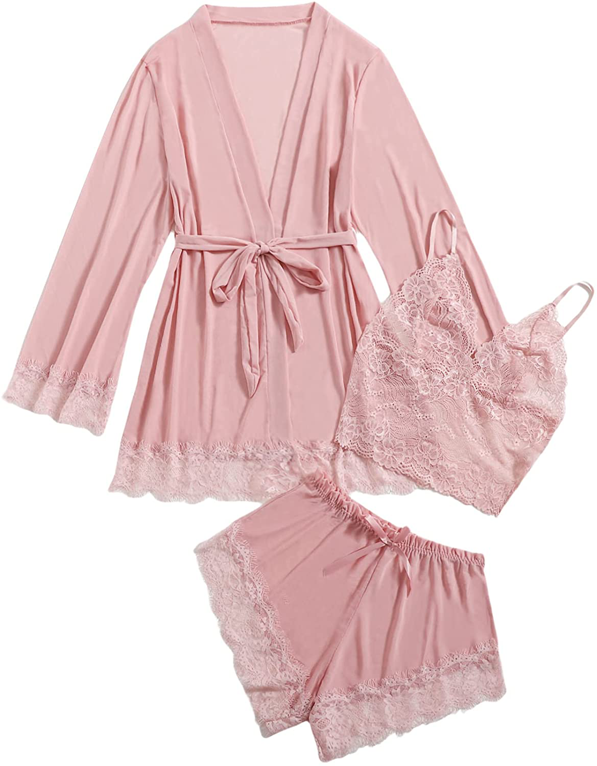 SOLY HUX Women'S 3 Piece Contrast Lace Sleepwear Cami Top and Shorts Pajama Set with Belted Robe Apparel & Accessories > Clothing > Sleepwear & Loungewear Kylie Max
