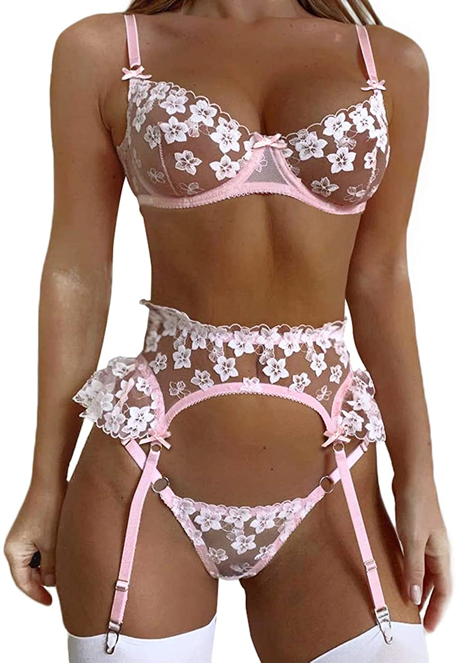 Kaei&Shi Garter Lingerie for Women,Underwire Embroidered Sexy Lingerie,Ruffle 3 Piece Lingerie Set Apparel & Accessories > Clothing > Underwear & Socks > Lingerie Kaei&Shi