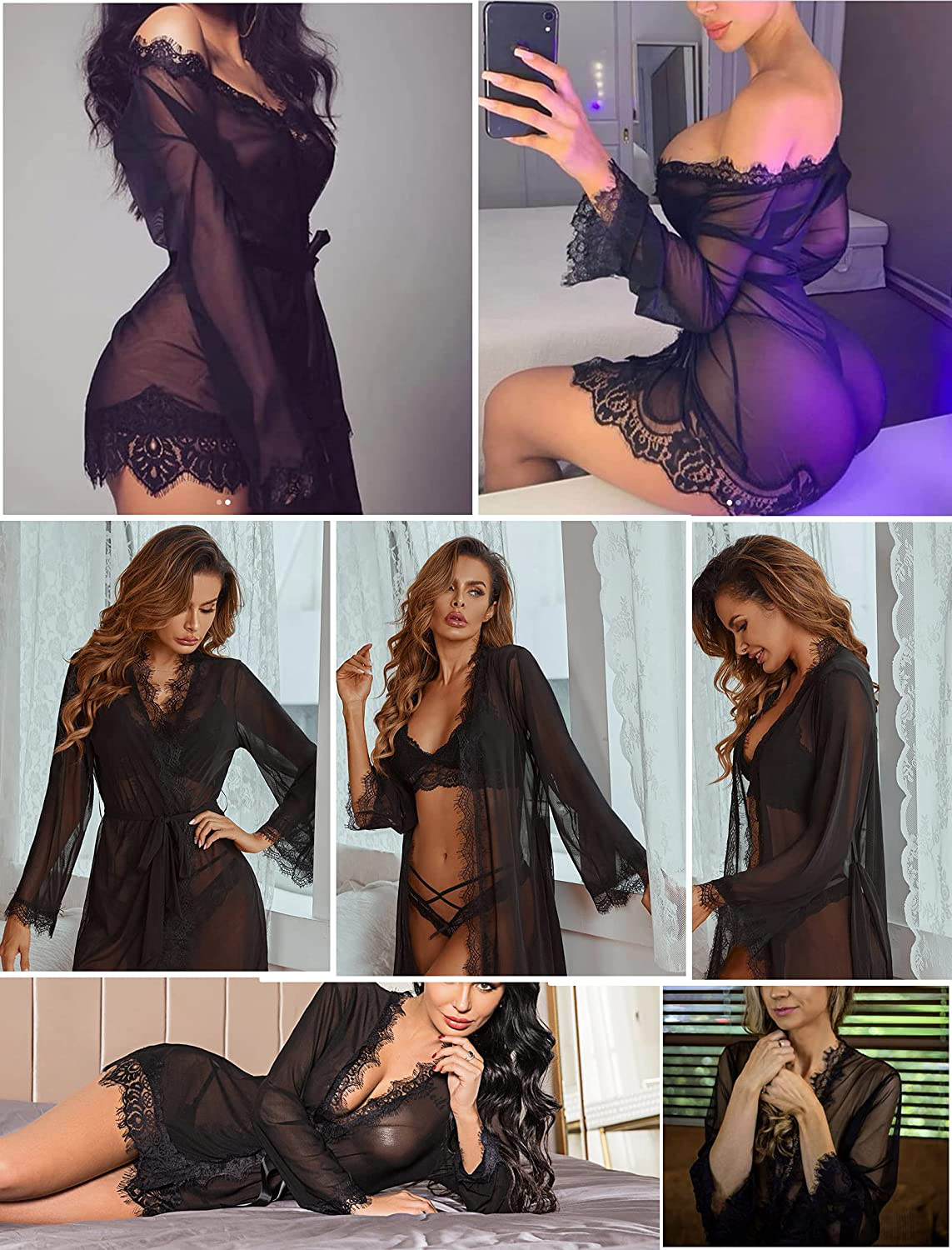 Avidlove Sexy Lace Robe Kimono Mesh Nightgown Babydoll Lingerie Set Apparel & Accessories > Clothing > Underwear & Socks > Lingerie Kylie Max