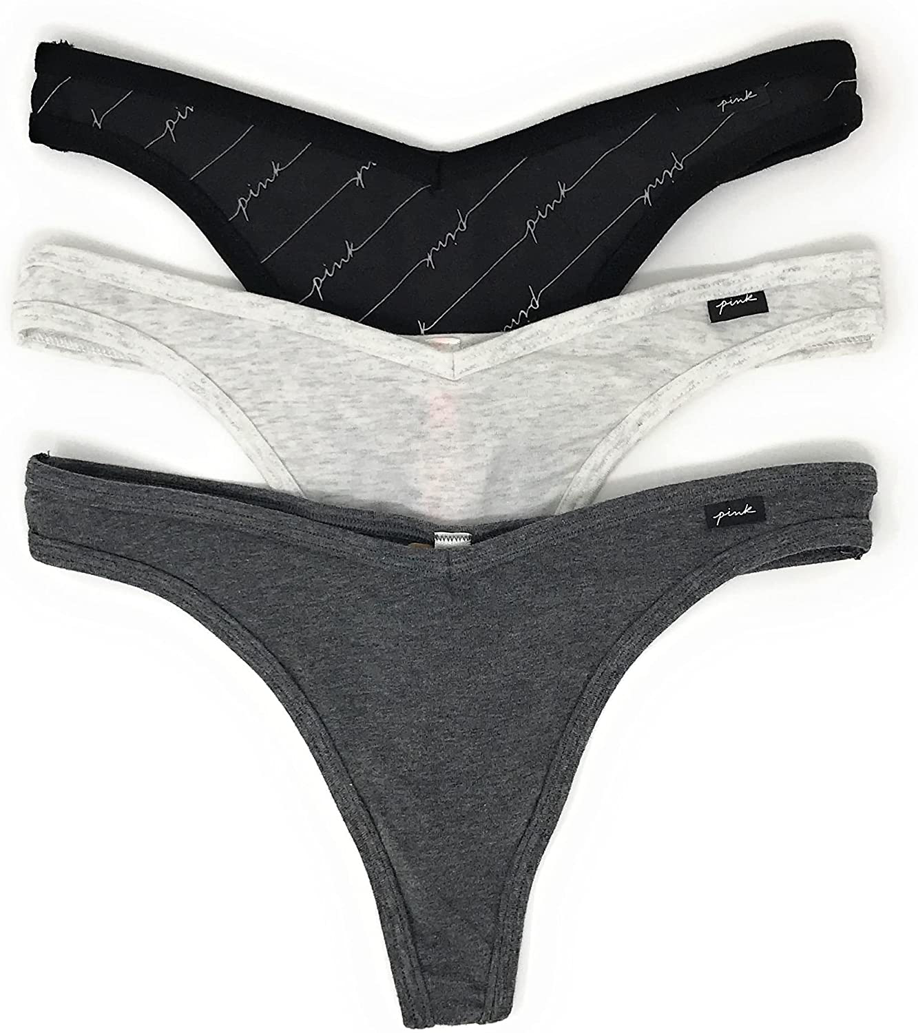 Victoria's Secret PINK Thong Panty Set of 3 Apparel & Accessories > Clothing > Underwear & Socks > Underwear Victoria's Secret Black Logos / Lt Gray / Dk Gray X-Large