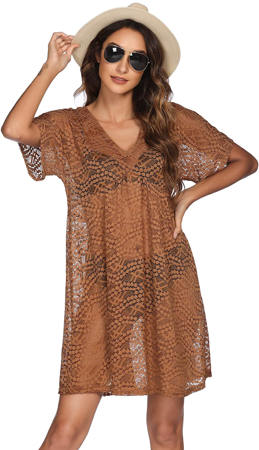 Ekouaer Women Swimsuit Cover Ups Batwing Sleeve Sheer Lace Cover up Bathing Suit Beach Dress Apparel & Accessories > Clothing > Swimwear Kylie Max Brown Small
