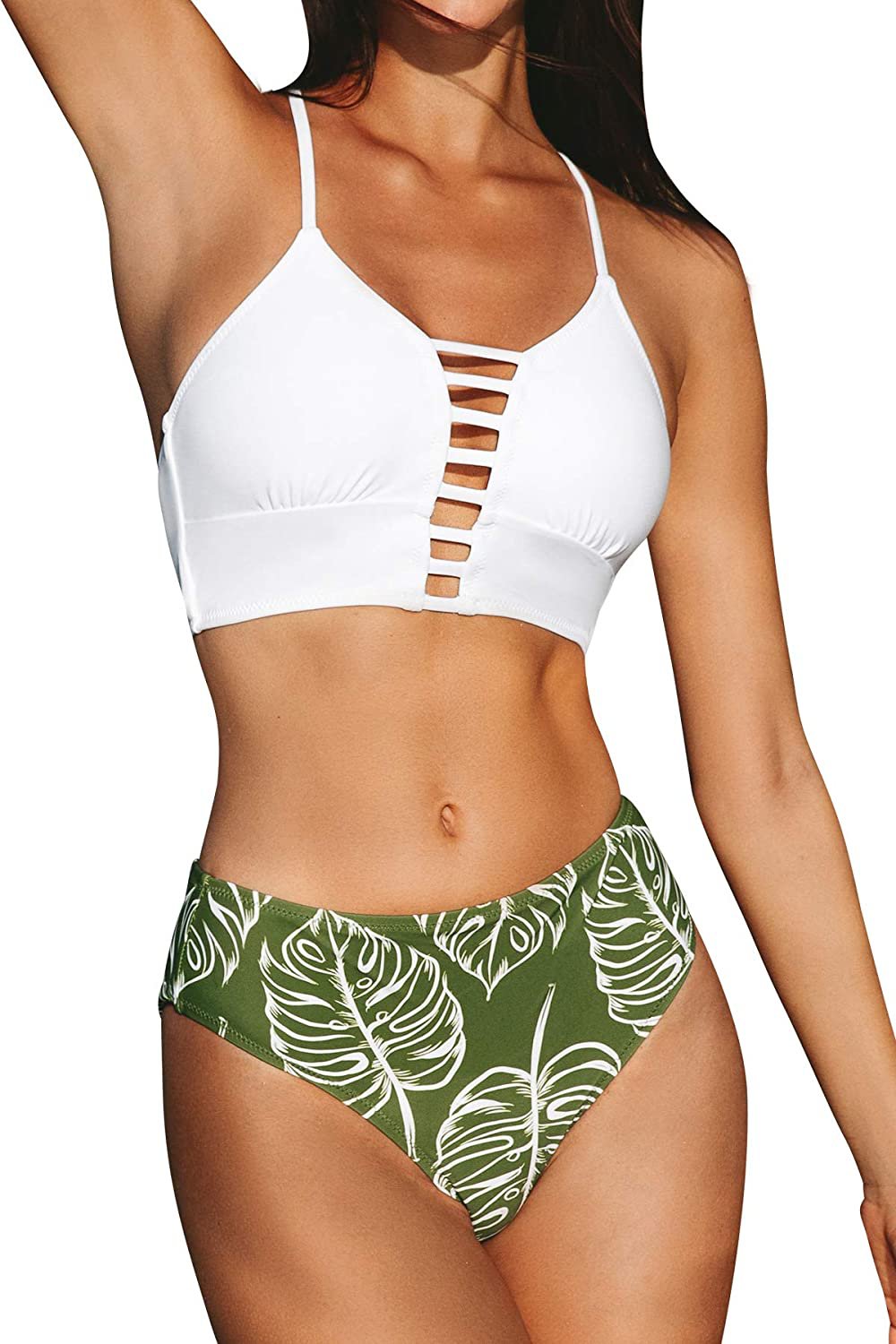 CUPSHE Women’s Bikini Swimsuit Floral Print Lace Up Multi Color Strappy Two Piece Bathing Suit Apparel & Accessories > Clothing > Swimwear CUPSHE White Green Medium