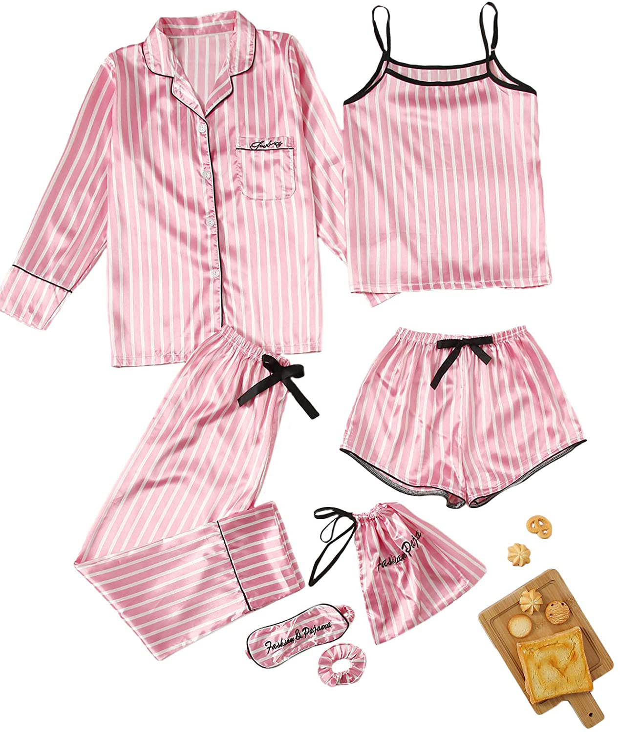 DIDK Women'S Satin 7Pcs Pajama Set Cami Pjs with Shirt and Eye Mask Sleepwear Apparel & Accessories > Clothing > Sleepwear & Loungewear Kylie Max