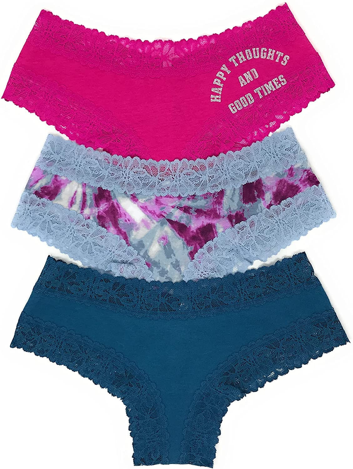 Victoria'S Secret Pink Cheekster Panty Set of 3  Victoria's Secret Lace Trim Magenta Glitter / Blue Purple Td / Teal Small