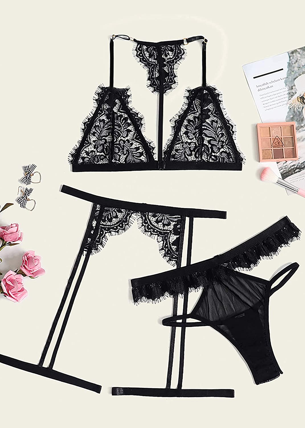 Sofia'S Choice Women'S 3 Piece Lingerie Set with Garter Belt Sexy Bra and Panty Sets Apparel & Accessories > Clothing > Underwear & Socks > Lingerie SOFIA'S CHOICE