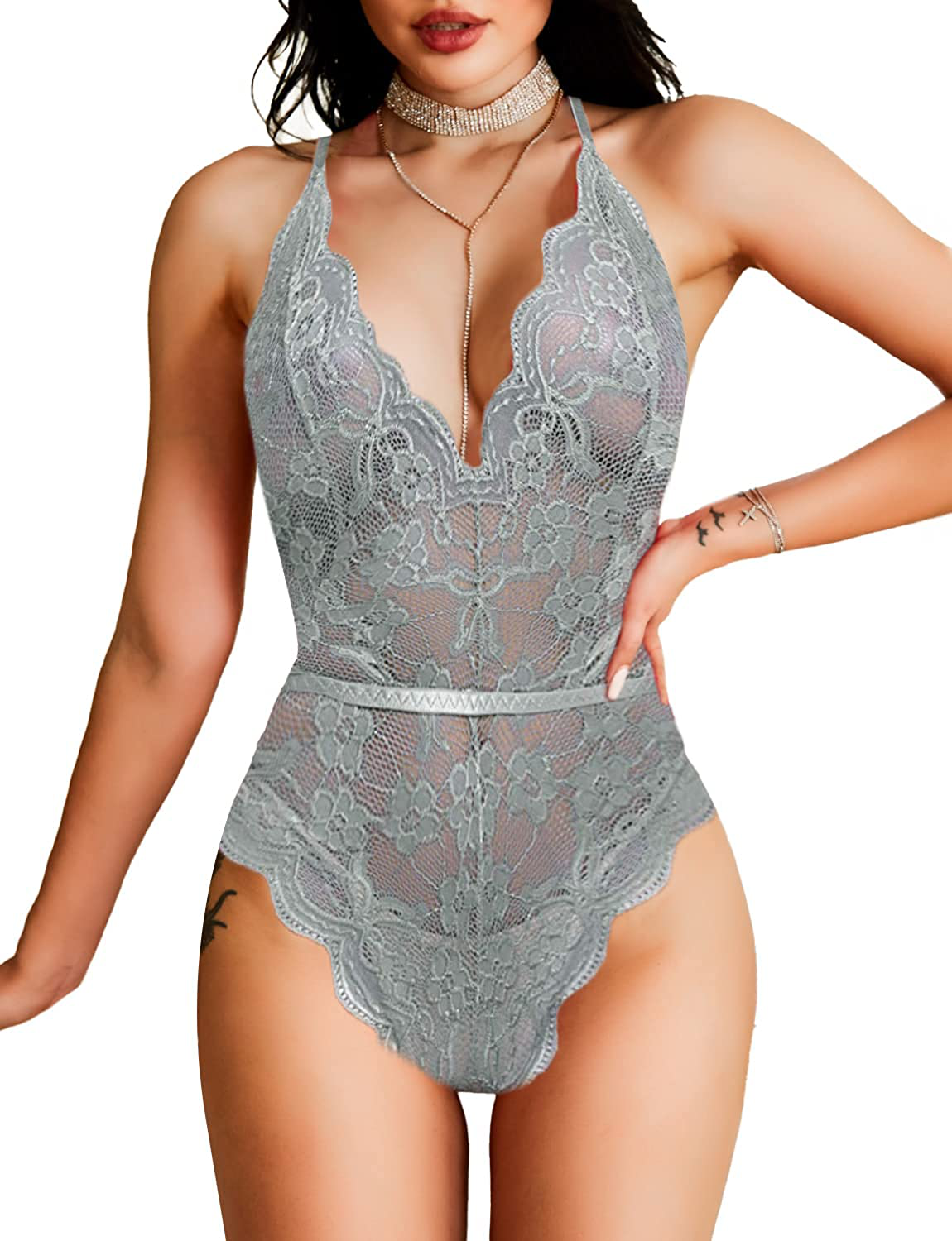 Lace Bodysuit for Women Lingerie Eyelash Teddy Lingerie Naughty Negligee Bodysuit Underwear Apparel & Accessories > Clothing > Underwear & Socks > Lingerie Dlsave Gray Large