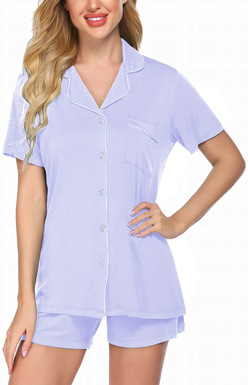 Ekouaer Pajamas Set Short Sleeve Sleepwear Womens Button Down Nightwear Soft Pj Lounge Sets XS-XXL Apparel & Accessories > Clothing > Sleepwear & Loungewear > Pajamas Ekouaer Periwinkle Small
