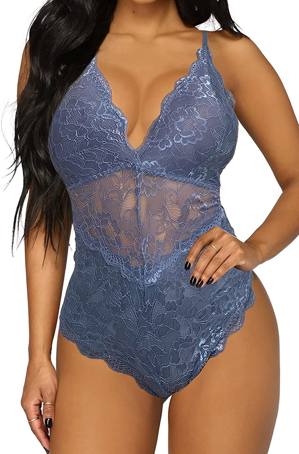 Aranmei Women Deep V Sexy Lace Bodysuit Snap Crotch Lingerie Teddy Underwear Apparel & Accessories > Clothing > Underwear & Socks > Lingerie Aranmei Dusty Blue Large