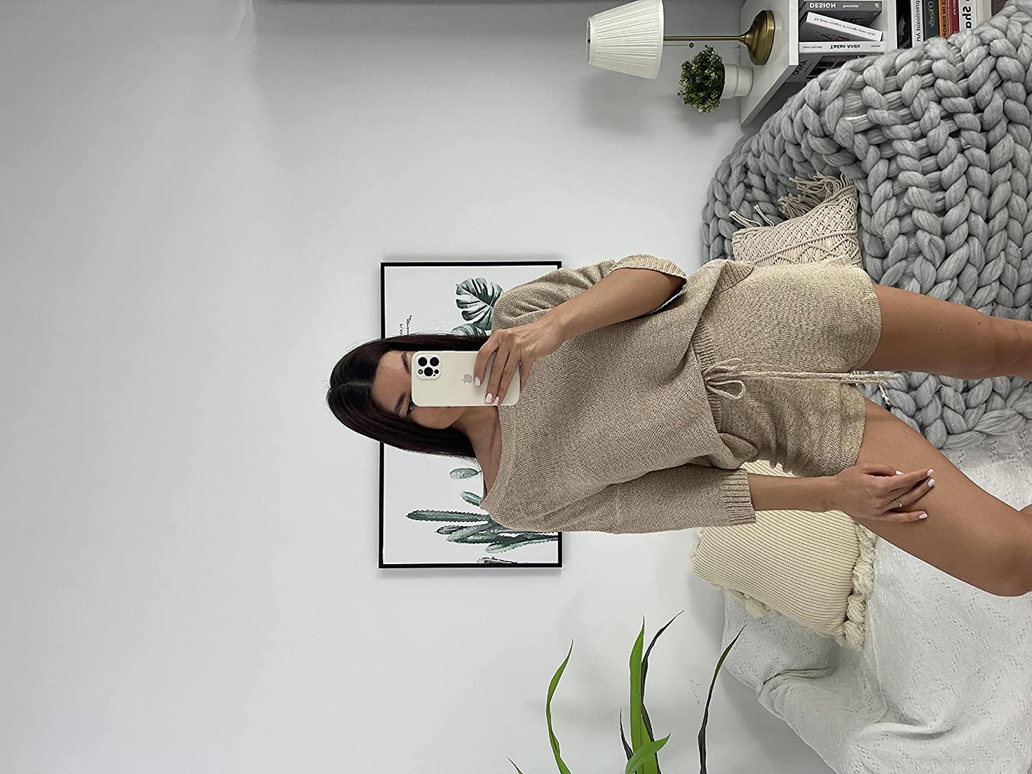Ermonn Womens 2 Piece Outfits Sweater Sets off Shoulder Knit Tops Waist Short Suits Casual Pajama Set Apparel & Accessories > Clothing > Sleepwear & Loungewear Kylie Max