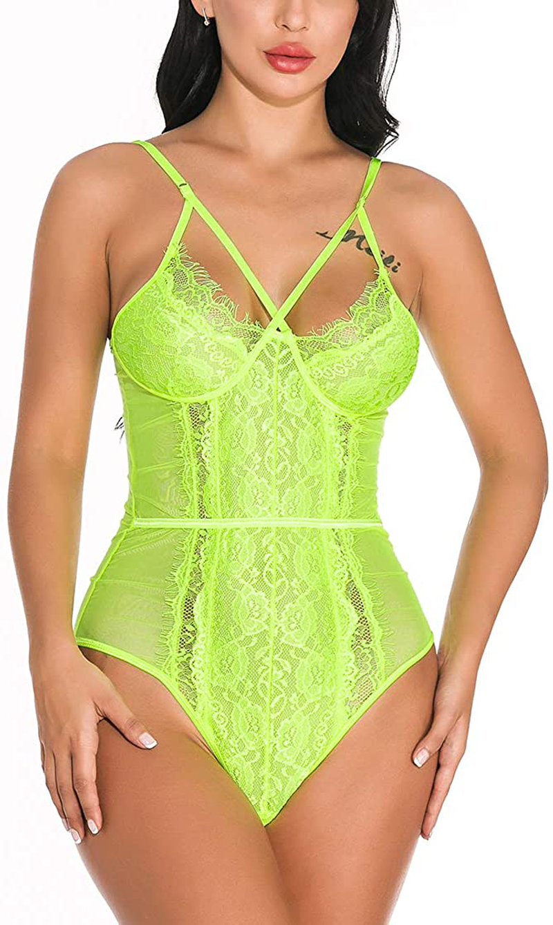 WADAYUYU Women Sexy Lace Teddy Lingerie Adjustable Straps Bodysuit One Piece Babydoll Bridal Lingerie Apparel & Accessories > Clothing > Underwear & Socks > Lingerie WADAYUYU Fluorescent Green Large