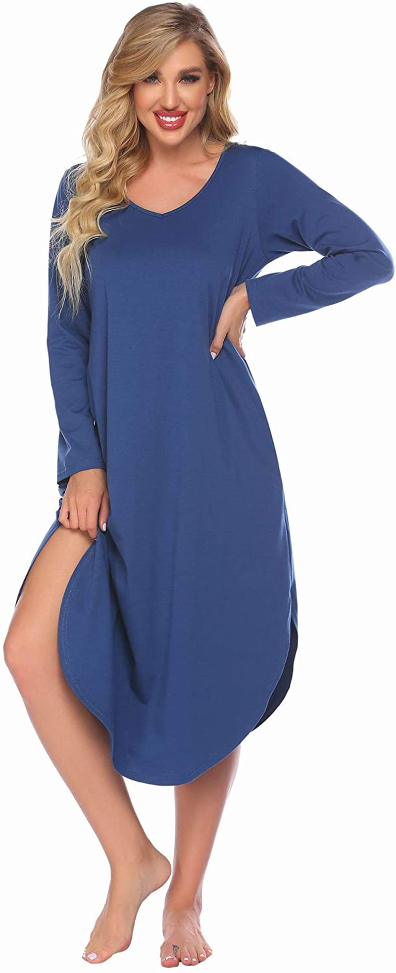 Ekouaer Nightgowns Womens V Neck Nightshirts Long Sleeve Sleepwear plus Size Night Wear S-XXL Apparel & Accessories > Clothing > Sleepwear & Loungewear > Nightgowns Kylie Max
