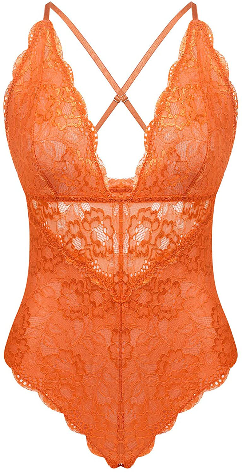 Aranmei Women Deep V Sexy Lace Bodysuit Snap Crotch Lingerie Teddy Underwear Apparel & Accessories > Clothing > Underwear & Socks > Lingerie Aranmei Orange X-Large
