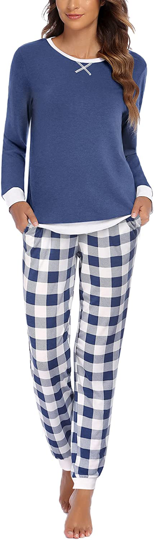 Ekouaer Women's Pajamas Sets Long Sleeve with Plaid Pants Soft Sleepwear O Neck 2 Piece Pjs Joggers Loung Set with Pockets Apparel & Accessories > Clothing > Sleepwear & Loungewear > Pajamas Ekouaer Pat12 XX-Large