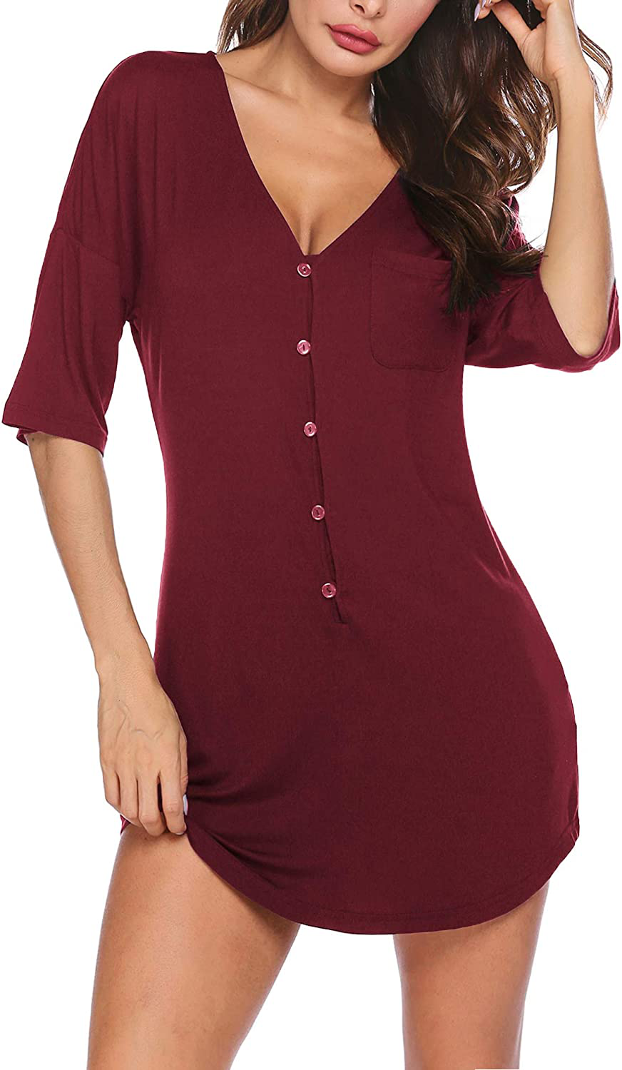 Ekouaer Nightgown Button down Nightshirt Short V Neck Night Shirts Womens Boyfriend Sexy Sleepwear S-XXL Apparel & Accessories > Clothing > Sleepwear & Loungewear > Nightgowns Kylie Max