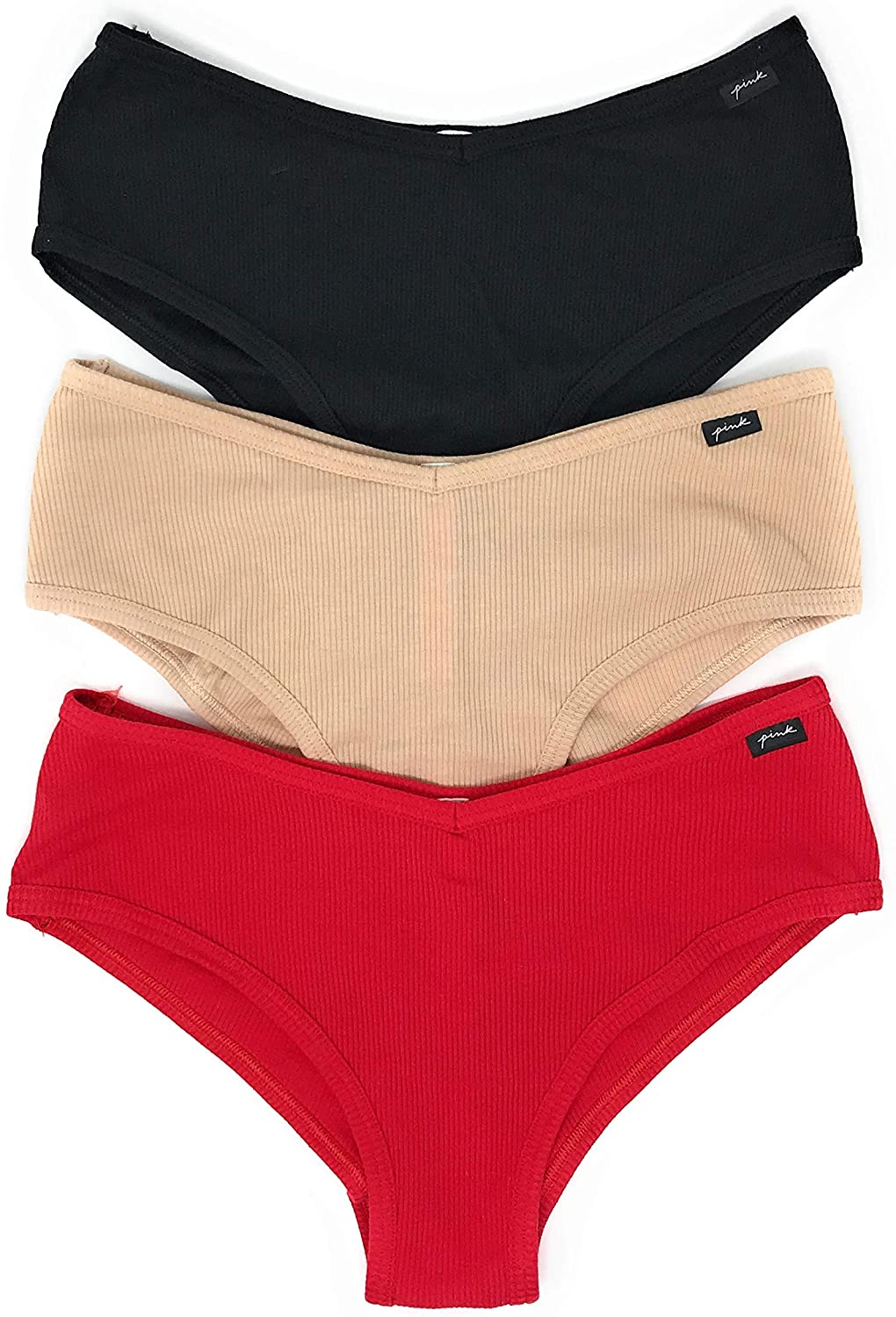 Victoria'S Secret Pink Cheekster Panty Set of 3 Victoria's Secret Ribbed Black / Nude / Red Small