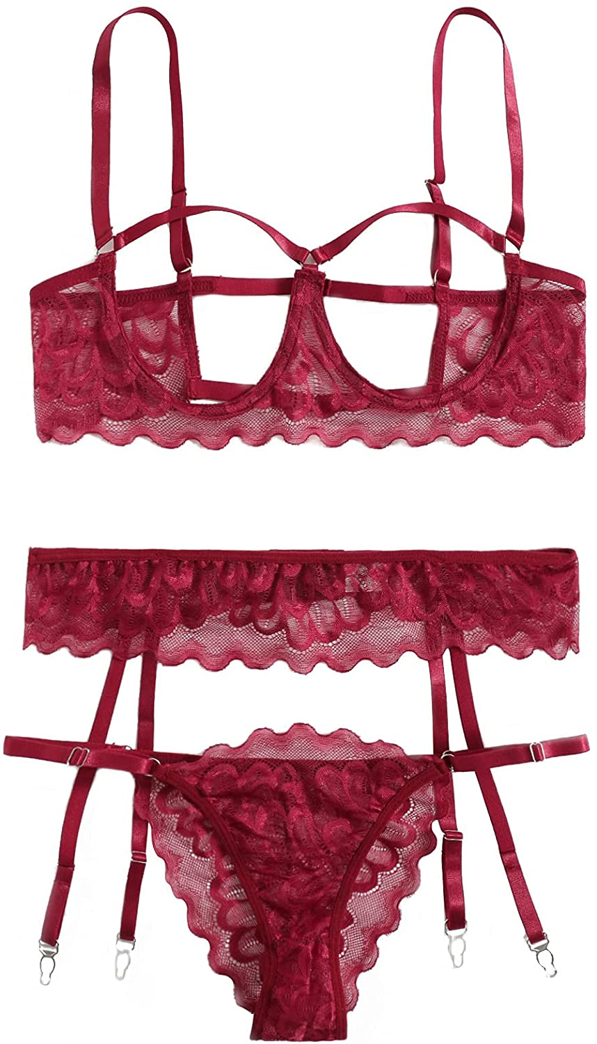 Shein Women'S 3 Piece Floral Lace Lingerie Set with Garter Belts Sexy Bra and Panty Apparel & Accessories > Clothing > Underwear & Socks > Lingerie SheIn Solid Burgundy Medium