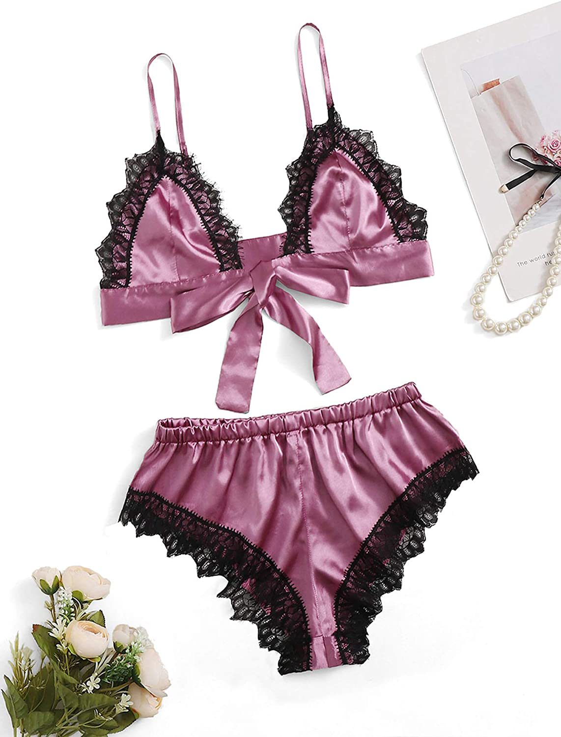 Sweatyrocks Women'S Lace Trim Underwear Lingerie Straps Bralette and Panty Set Apparel & Accessories > Clothing > Sleepwear & Loungewear Kylie Max