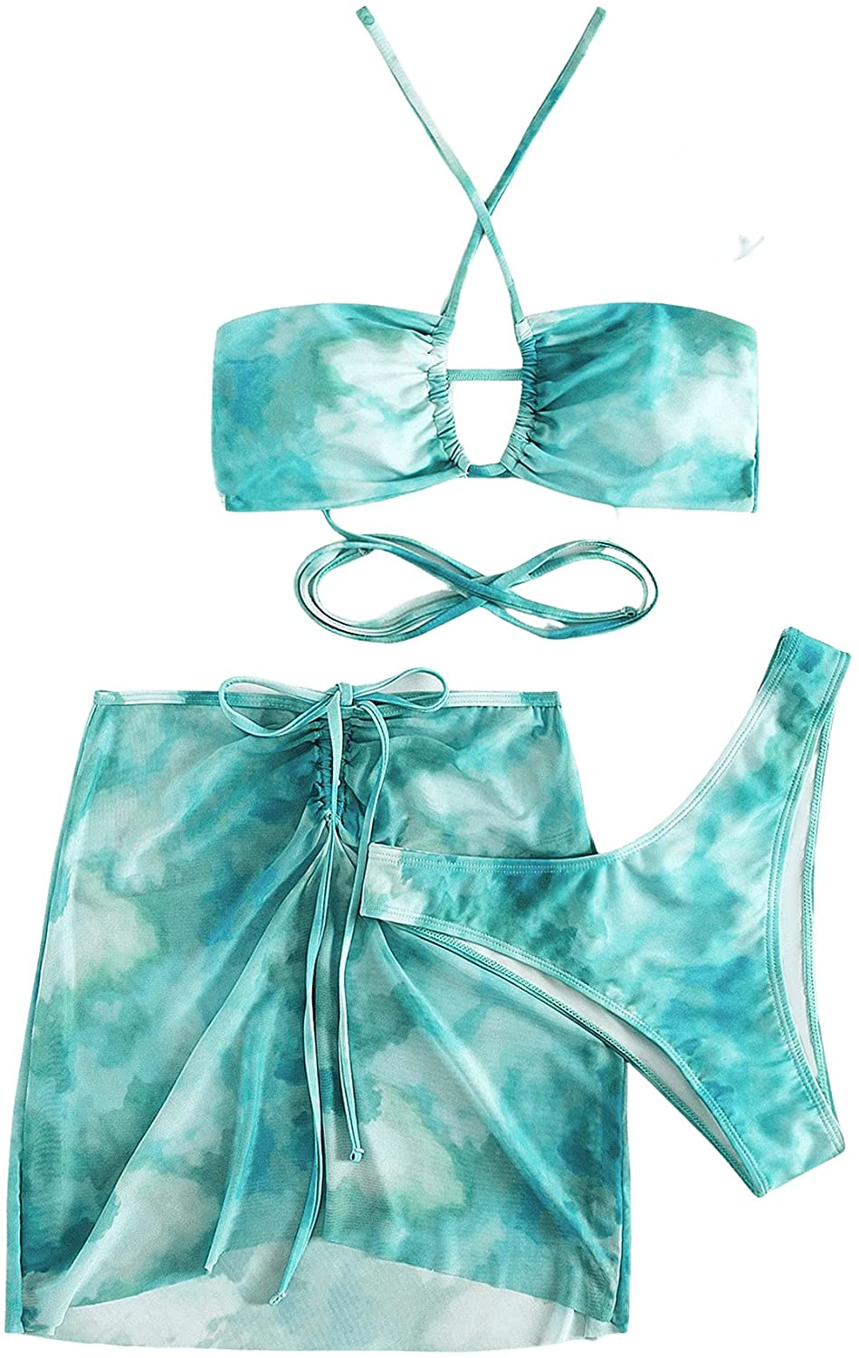 SOLY HUX Women'S Tie Dye Wrap Bikini Bathing Suits with Mesh Beach Skirt 3 Piece Swimsuits Apparel & Accessories > Clothing > Underwear & Socks > Lingerie KYLIE MAX Tie Dye Green Large