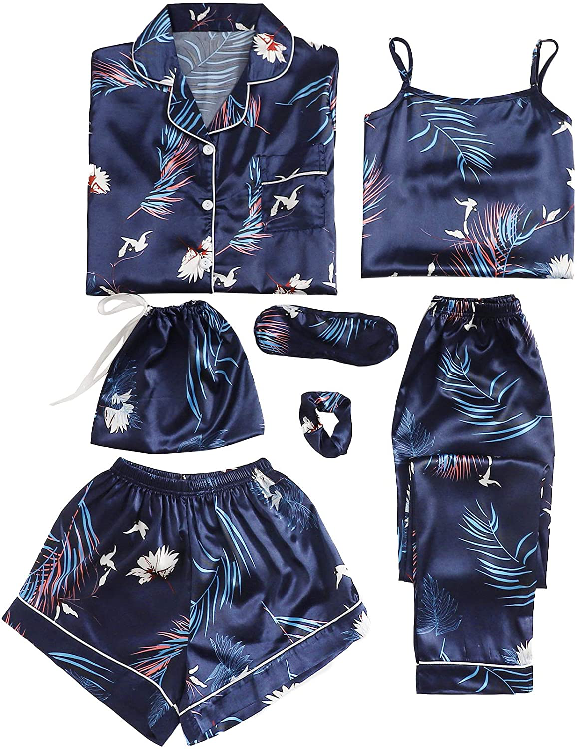 Shein Women'S 7Pcs Printed Cami and Shorts Satin Pajama Set with Shirt and Eye Mask Apparel & Accessories > Clothing > Sleepwear & Loungewear Kylie Max