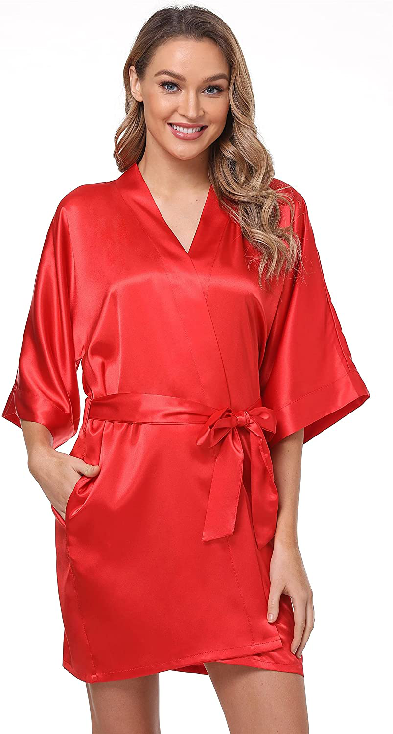 The Bund Women'S Short Robes Lace Bride Bridesmaids Sexy Bathrobe Satin Spa Robe Pure Color Apparel & Accessories > Clothing > Sleepwear & Loungewear > Robes The Bund Red Large