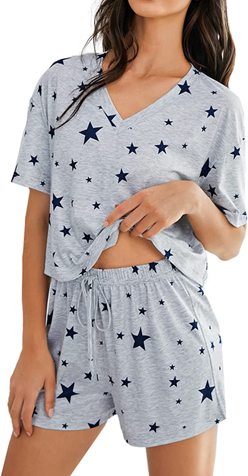 DIDK Women's Cute Cartoon Print Tee and Shorts Pajama Set Apparel & Accessories > Clothing > Sleepwear & Loungewear > Pajamas DIDK Light Grey Medium